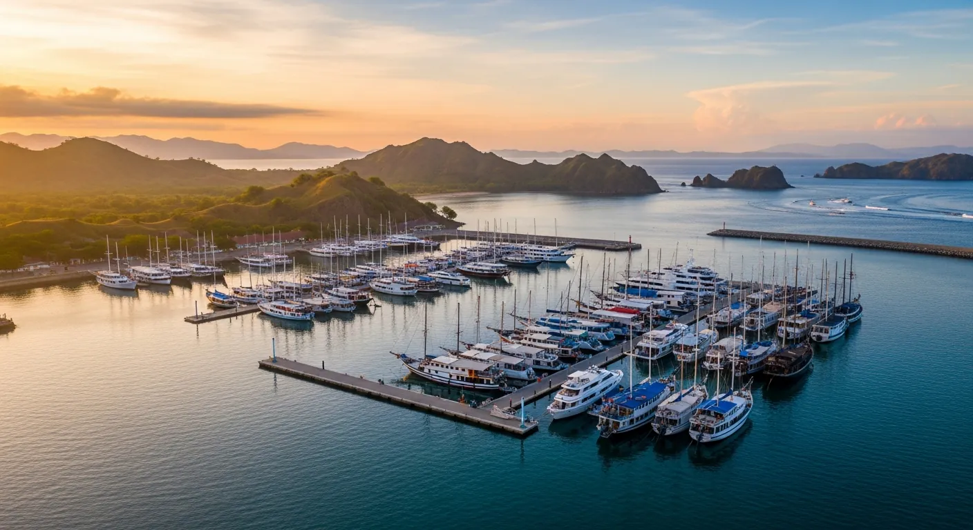 Labuan Bajo marina with yachts and phinisi